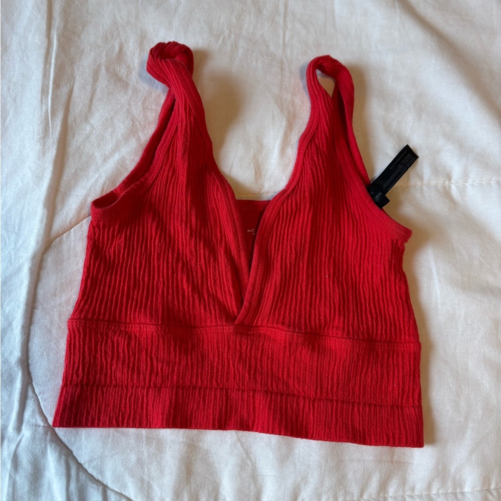 Urban Outfitters Red Ribbed V-Neck Crop Tank Top